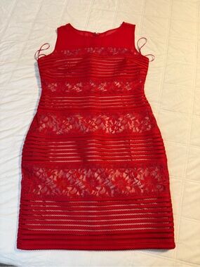 Signature by Sangria Red Lace & Stripe Sheath Dress